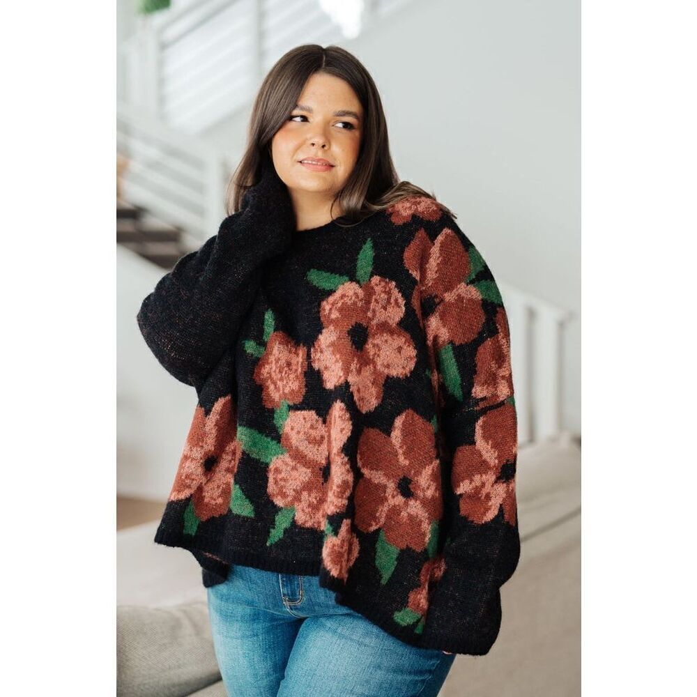 Andree By Unit Floral Knit Sweater Blk Pink Flowers Size Large Parisian Garden